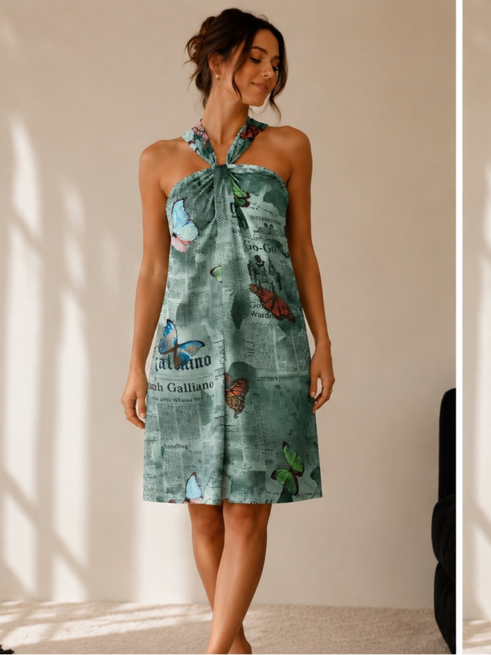 John Galliano Archive Butterfly Newspaper Print Silk Dress | Authentic | Italy